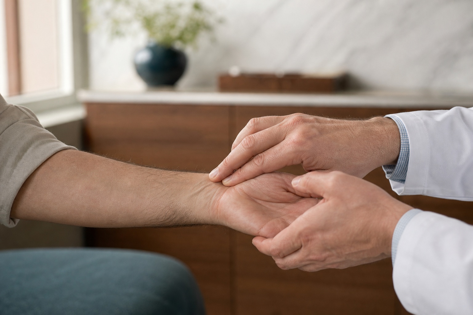 Clinician checking a patient’s wrist pulse during a calm cardiology visit