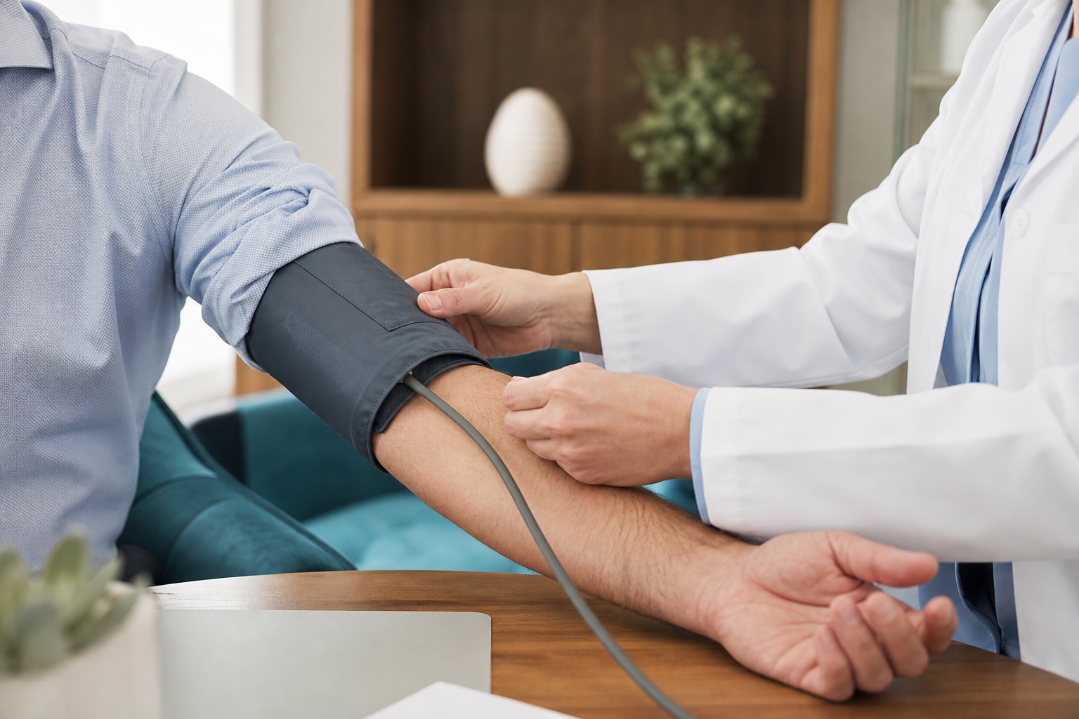 Clinician fitting a blood pressure cuff during a preventive cardiology visit