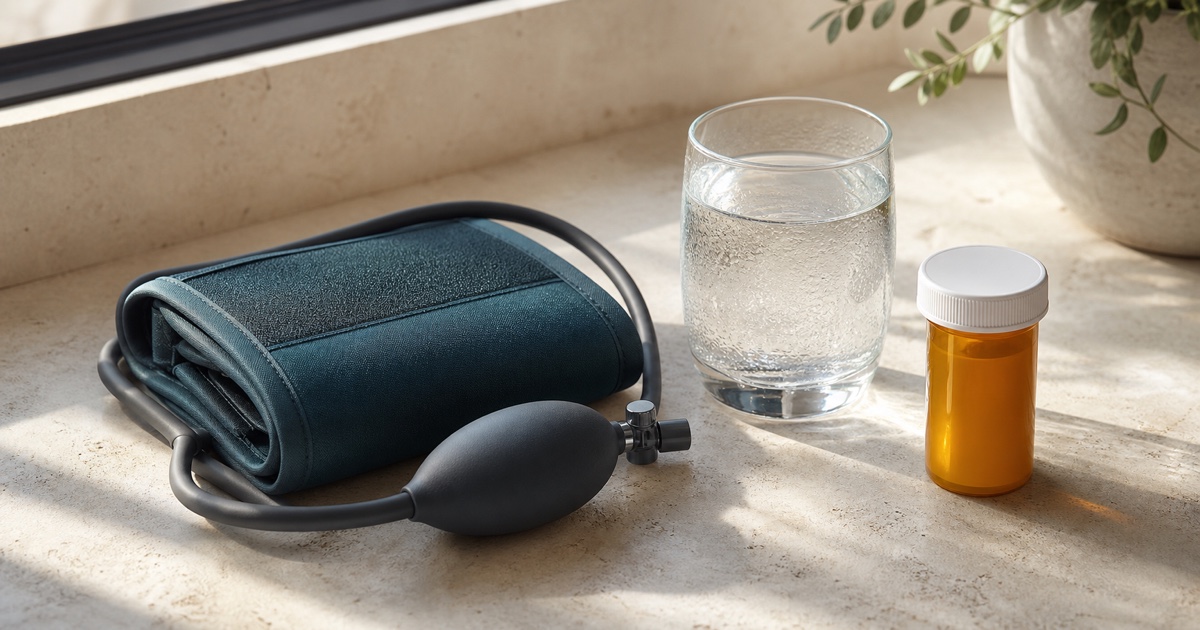 Blood-pressure cuff, water glass, and unlabeled medicine container arranged on pale stone in warm sunlight