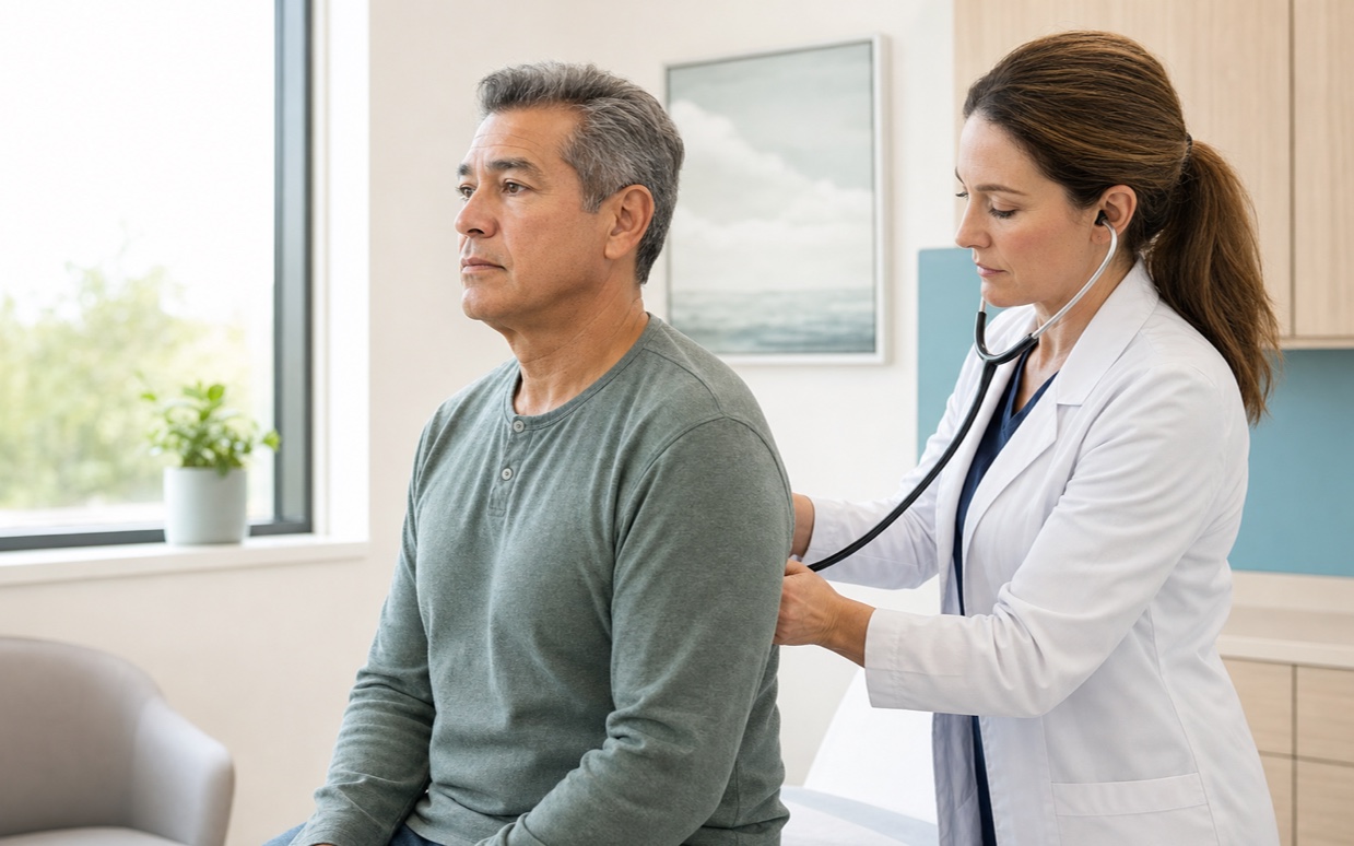 Clinician listening to a patient’s breathing during a cardiology evaluation
