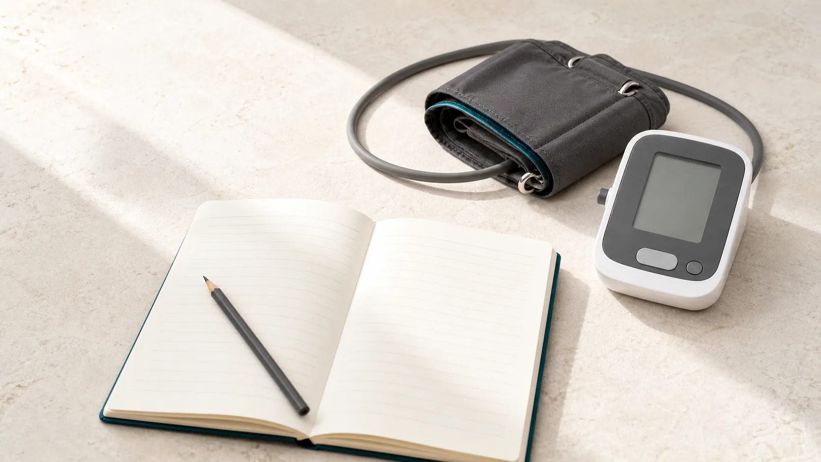 Upper-arm blood-pressure cuff, home monitor, notebook, and pencil on a pale stone surface