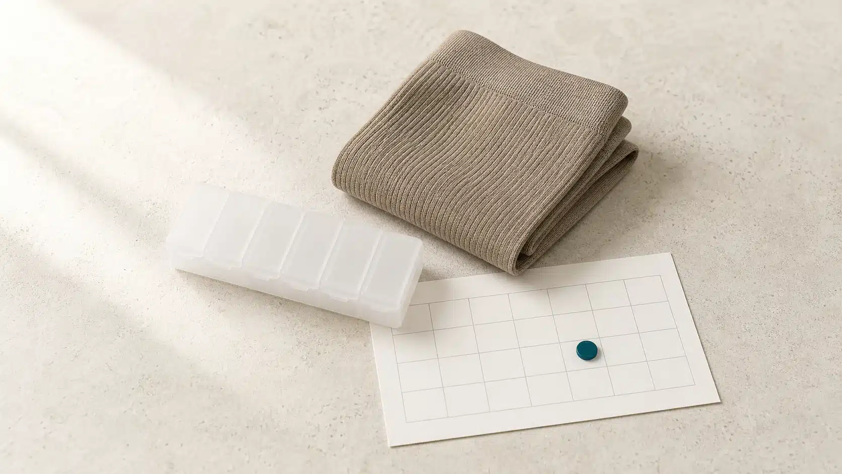 Compression stocking, medication organizer, and blank follow-up calendar after DVT