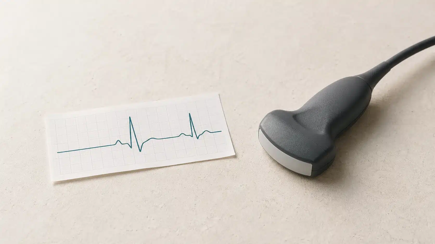 ECG tracing beside an echocardiography ultrasound probe