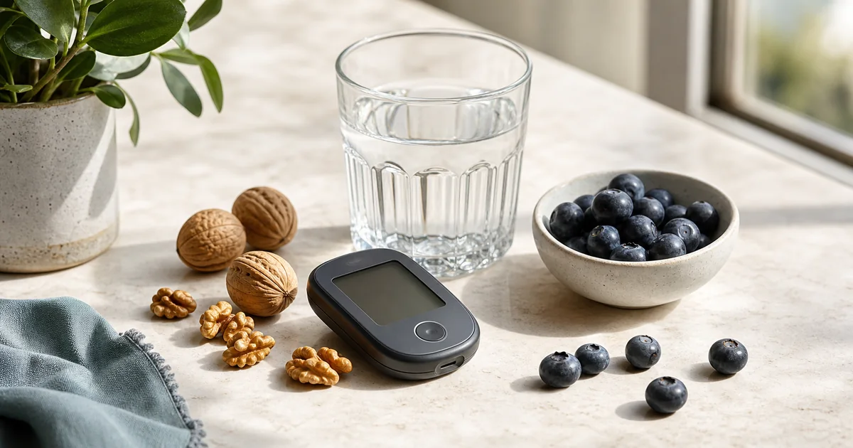Blood-glucose meter, water, blueberries, and walnuts arranged on pale stone in morning light