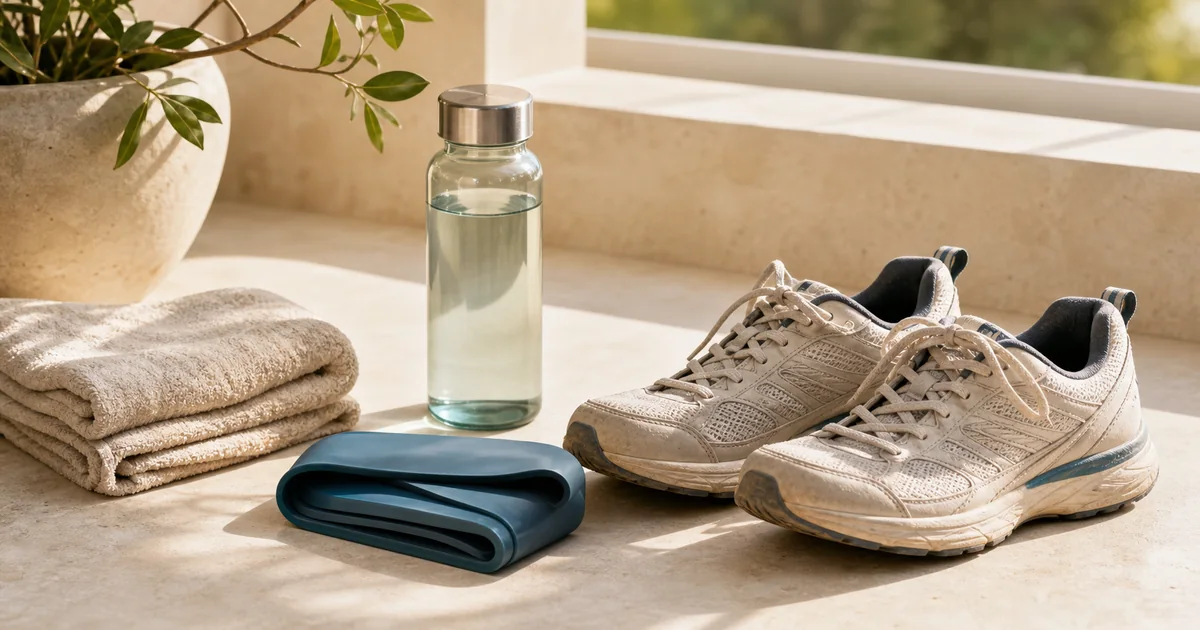 Walking shoes, resistance band, water bottle, and towel arranged on pale stone