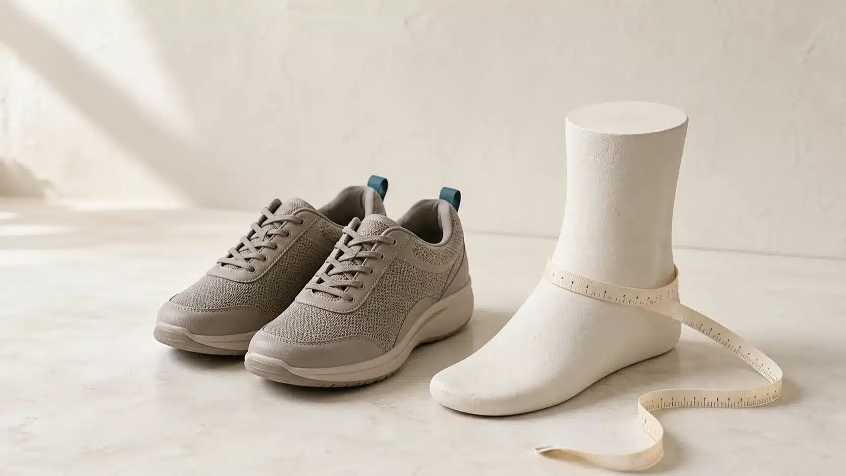 Walking shoes and a leg form with a measuring tape for swelling evaluation