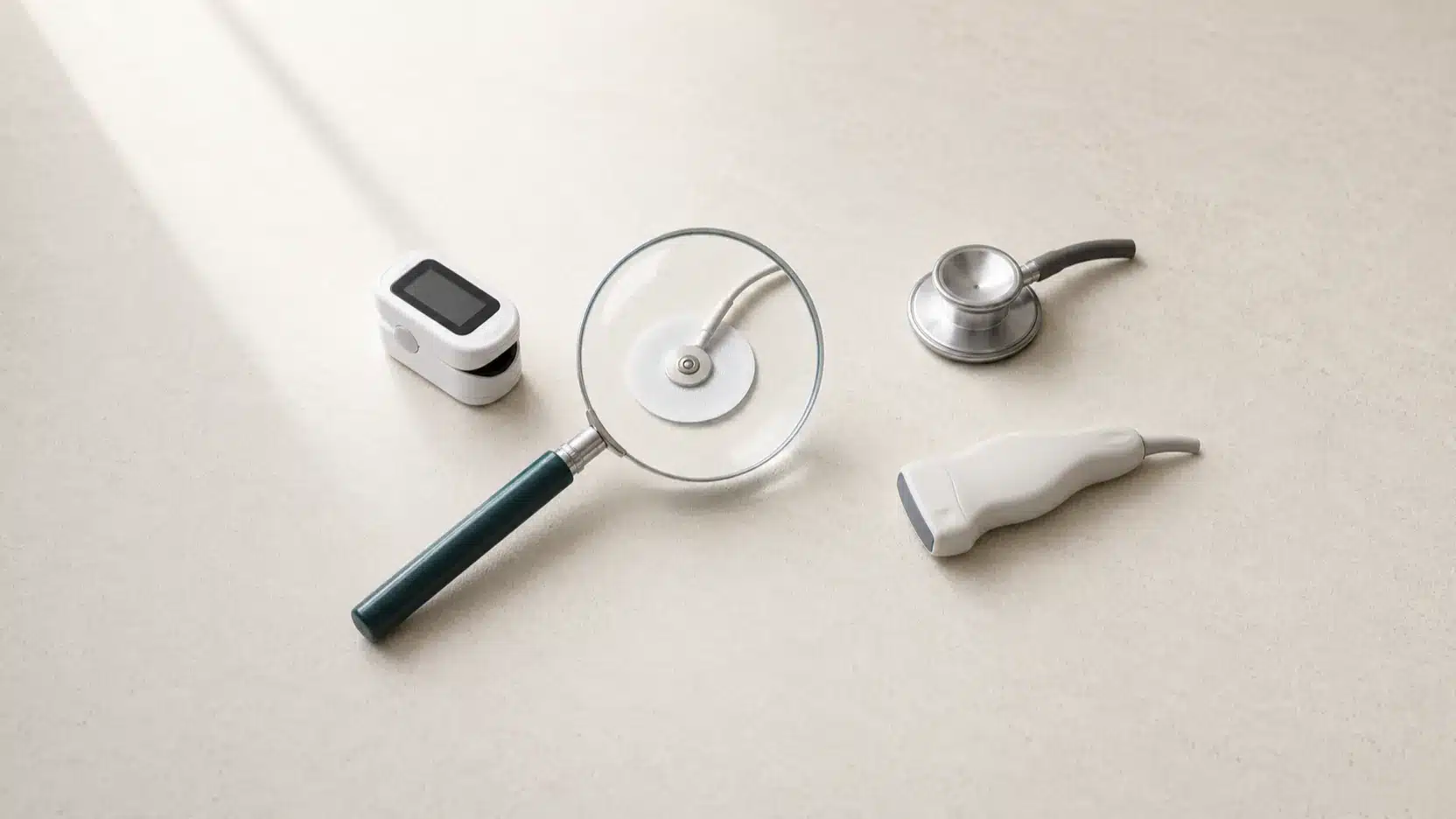Selected cardiovascular testing tools arranged around a magnifying glass