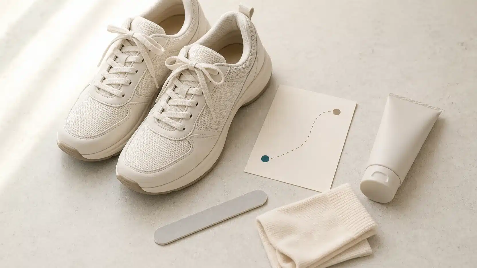 Walking shoes with foot-care items and a simple walking-path card
