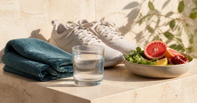 Walking shoes, water, leafy greens, citrus, and pomegranate arranged in warm sunlight