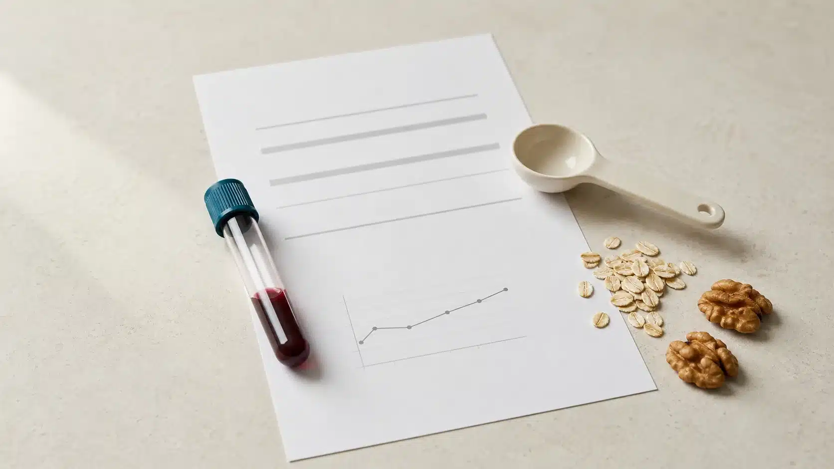 Blood sample and blank laboratory report beside oats and walnuts