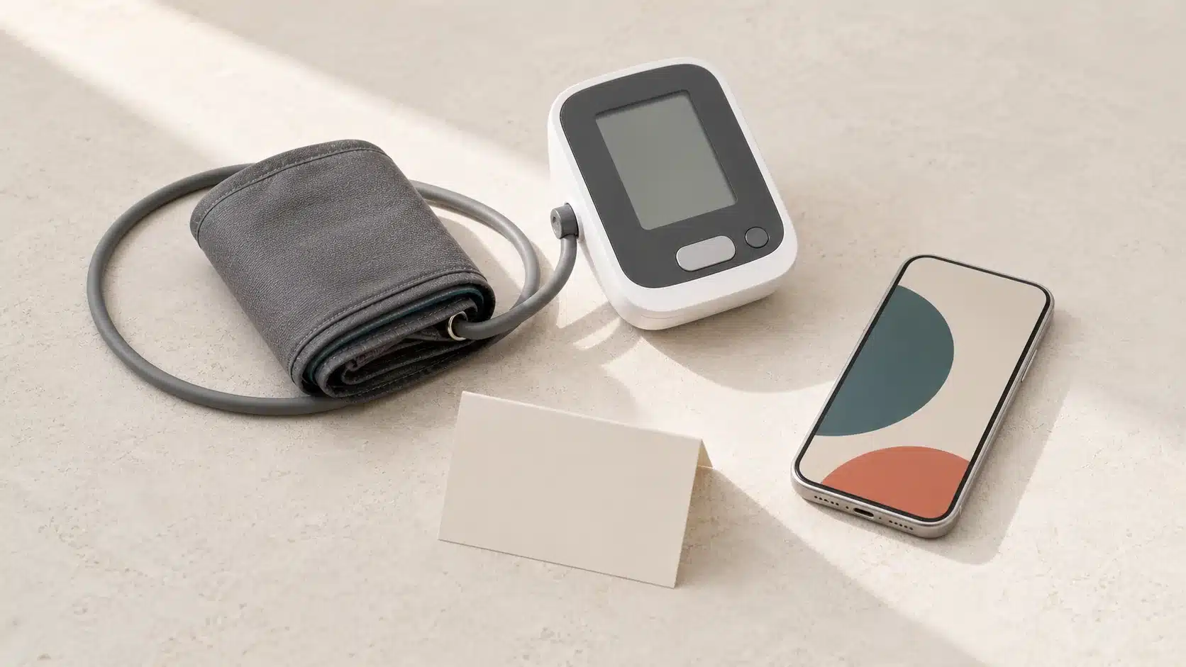 Blood-pressure cuff and monitor beside an alert phone and action card